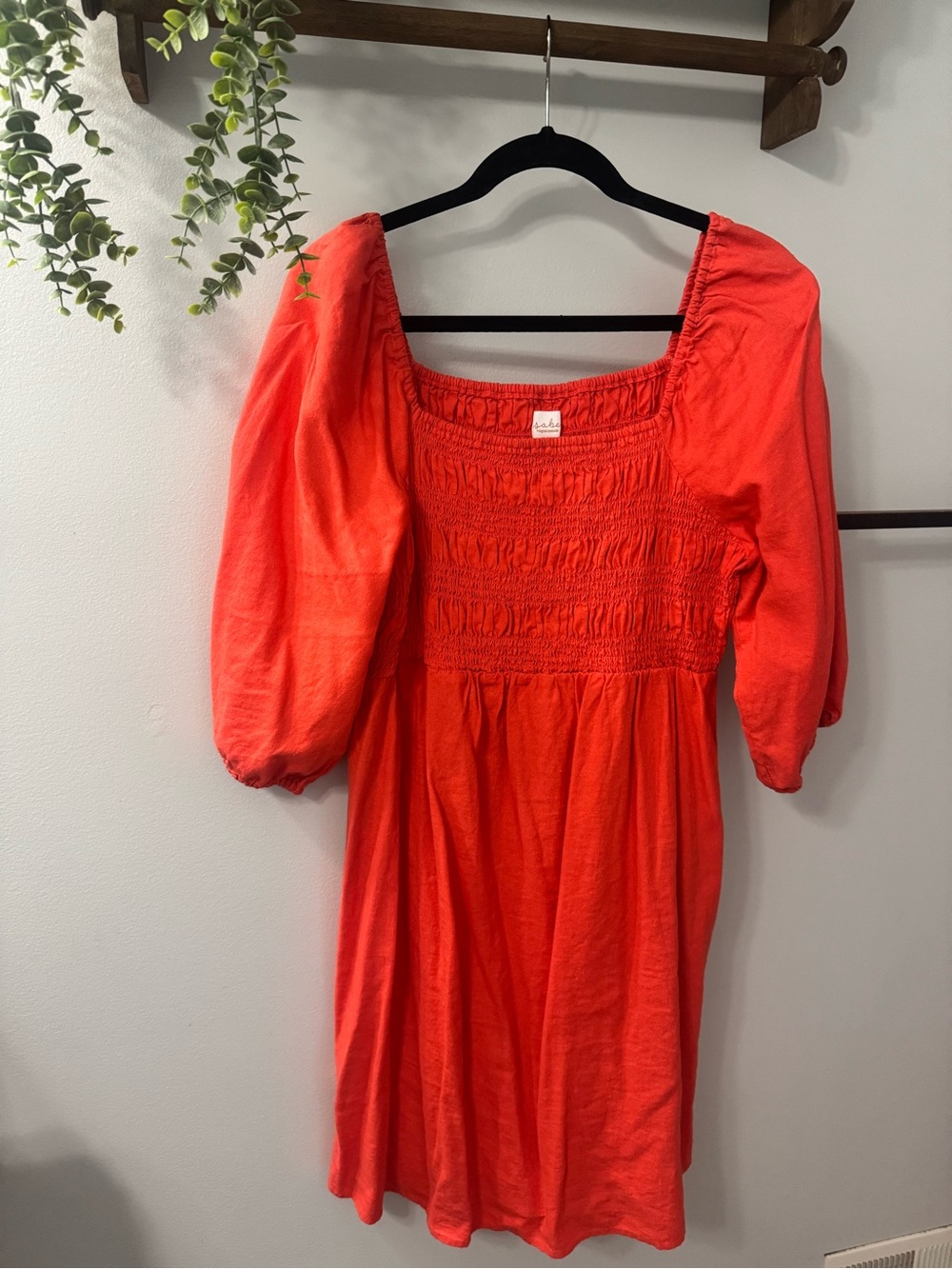 Ingrid & Isabel Coral-Red Smocked Midi Dress 3/4 Puff Sleeve Squared Neckline